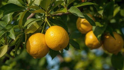 Vibrant yellow citrus fruits dangling from a leafy tree limb, basking in golden sunlight.