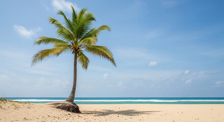 Fototapeta premium Single tall palm tree with thin trunk, tropical beach style, isolated