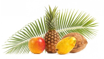 Isolated palm leaf and fruits against a white backdrop