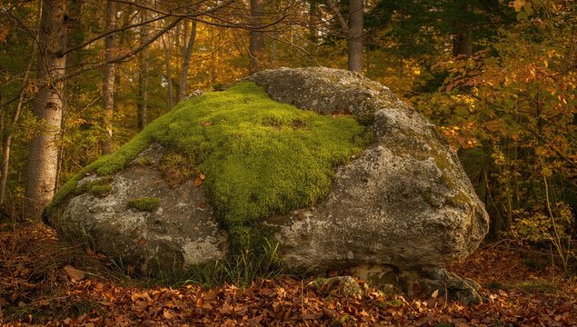 Green moss blankets a large rock in the forest
