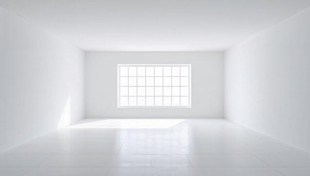 Empty room featuring abstract architecture with white walls, floor, and ceiling lit by window light