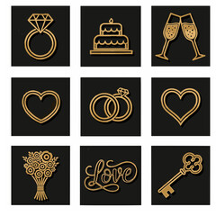 Luxury Gold Line Art Wedding and Love Icons Set on Black Grunge Background