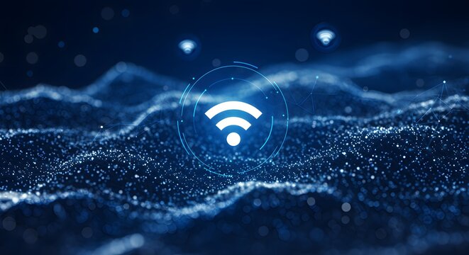 Digital rendering showing a glowing wifi symbol amidst a stylized network