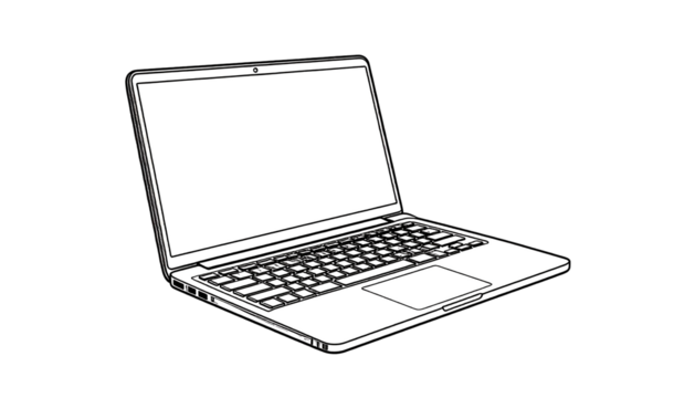 A simple line art drawing of an open laptop, presented against a black backdrop