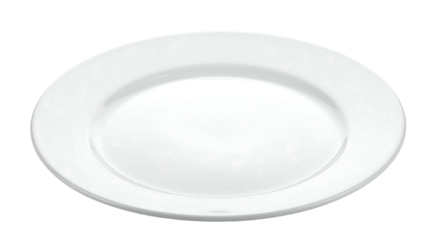 A simple white, round plate. Isolated on a dark background, showing a subtle shadow underneath