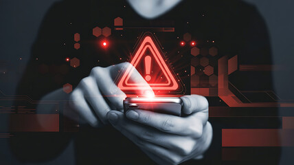 Cyber security alert on smartphone a warning triangle against cybercrime threats and data breach risks