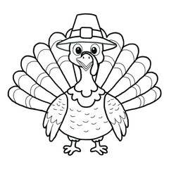 Illustration of hand drawn turkey wearing pilgrim hat isolated on transparent background