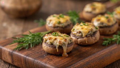 Fototapeta premium Delicious mushroom caps filled with cheese on a rustic wooden platter, close-up view of a gourmet snack