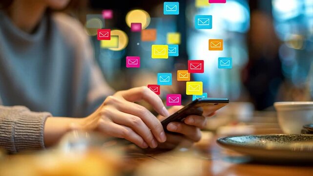 A person is using a smartphone to check messages while enjoying coffee at a cozy cafe. Colorful notifications pop up, indicating active social media interactions during a relaxed afternoon.