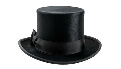 A sleek, tall, black top hat with a satin ribbon band and small bow, isolated against a plain black background