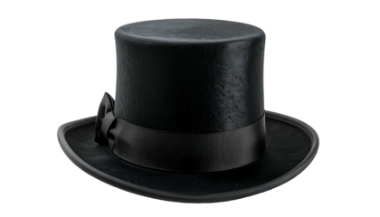 A sleek, tall, black top hat with a satin ribbon band and small bow, isolated against a plain black background