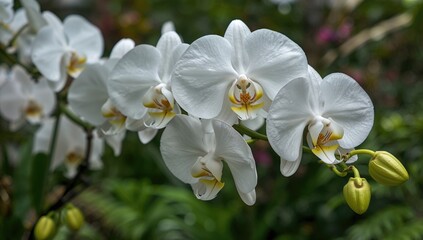 The delicate features of white orchid blossoms showcase their grace in a breathtaking floral paradise