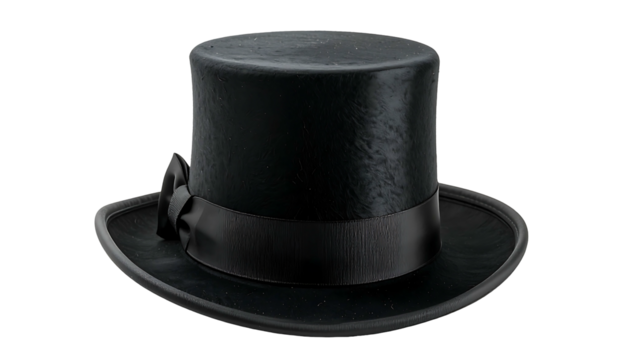 A sleek, tall, black top hat with a satin ribbon band and small bow, isolated against a plain black background