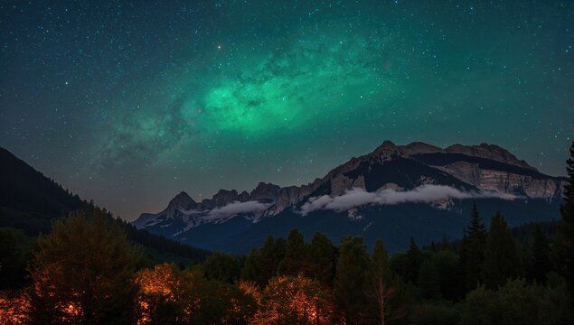 A mesmerizing nighttime scene featuring a picturesque travel destination with dazzling clouds, dense woods, and towering peaks, illustrating the splendor of nature.