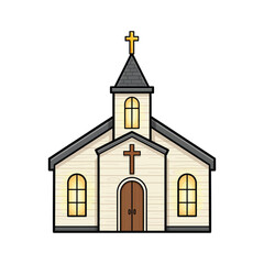 Outline Art Icon: Detailed Small Church Building with Cross for Religious Services Art