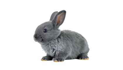A small, gray bunny, with soft fur, sitting against a black background, looking alert