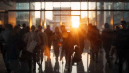 A hazy scene of individuals moving inside a shop at dusk, with sunlight streaming through the glass, producing a cozy and tranquil atmosphere.