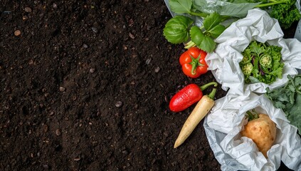 White seed packets of salad, cucumber, beet, pumpkin, tomato, and paprika arranged on rich dark soil. Close-up view of vegetable planting and early spring garden preparation with open space.
