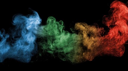Colorful Smoke Swirls in Blue, Green, Yellow, and Red on a Black Background Captivating Abstract Design