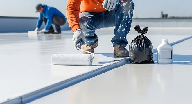 Roofing contractors applying white protective coating on a commercial building roof.
