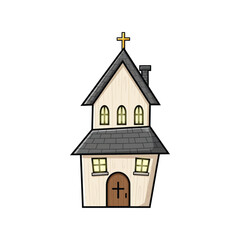 Outline Art Icon: Small Village Church Building with Green Roof and Cross Topper Design