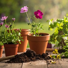 Colorful potted flowers and green plants sit on a weathered wooden table with soil and tools