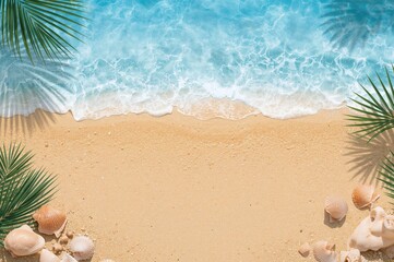 Summer beach bash flyer layout featuring aerial ocean scenery with shells, soft waves, and plant shadows in vector style. Invitation to a club event.