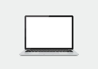 A laptop with a black keyboard and a blank white screen sits against a plain white background