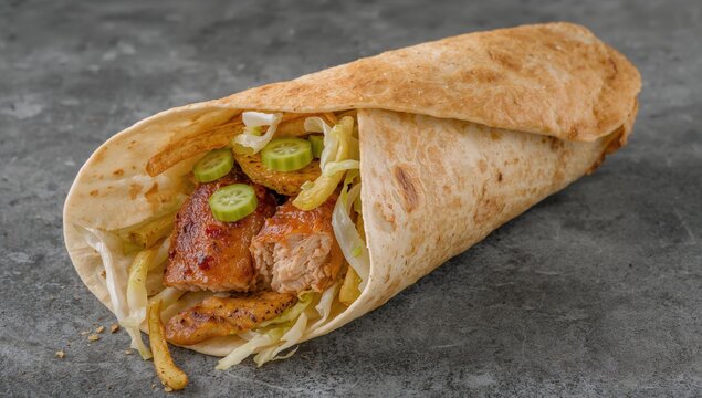Grilled chicken wrap stuffed with cabbage, cucumber, and crispy fries in a soft flatbread on a rustic surface