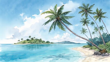 Watercolor illustration of a tropical beach with palm trees