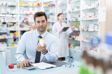 Confident businessman holding blank white supplement bottle at pharmacy counter, symbolizing healthcare business, product presentation, branding and marketing in pharmaceutical industry.