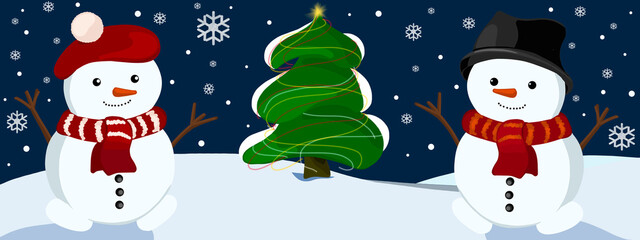 Two cheerful snowmen on the background of a New Year's landscape. Night. New Year's illustration.