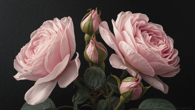 Close-up of pink polyanthus rose blossoms and buds against a dark backdrop