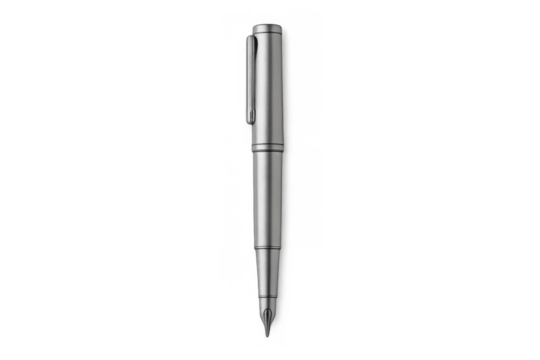 Silver metallic fountain pen representing luxury, precision, and business communication, isolated on transparent background