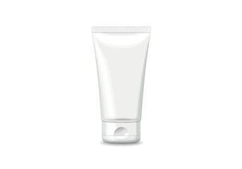 A white squeeze tube possibly for lotion or cream stands upright with a simple design and cap at the bottom © dhorido studio