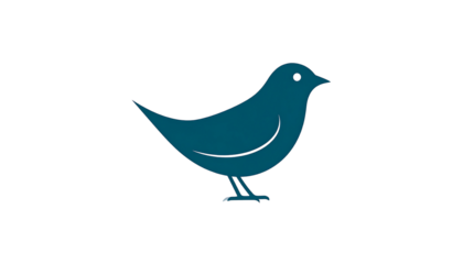 A stylized, dark blue bird silhouette with a thin outline, against a stark black background
