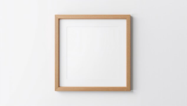 Vertical wooden square photo frame with mount, isolated on a white wall background with ample space for text.