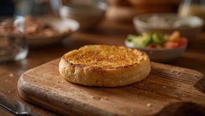 Grilled Crumpet Served on a Rustic Wooden Plank
