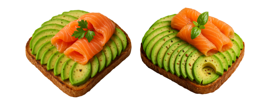 set of toasts with avocado and salmon on a transparent background