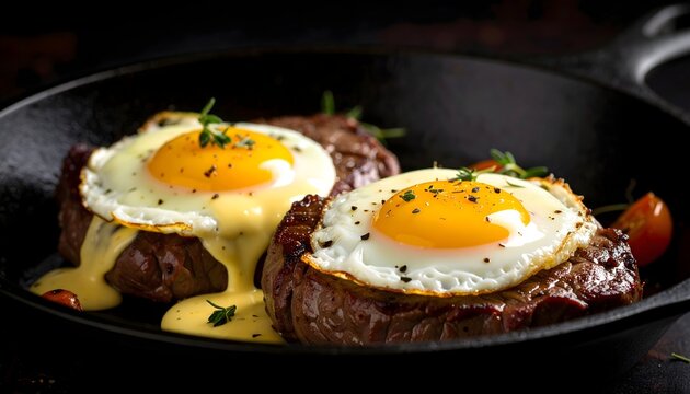 Dark moody steak and eggs: yolk break, cheese sauce, black cast‑iron