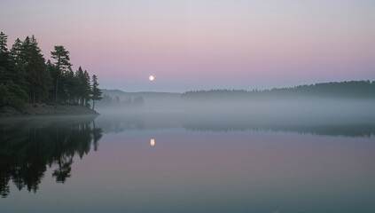 Fototapeta premium Sunrise over a misty lake with trees lining the shore and the moon mirrored on the water, showcasing a stunning summer scene perfect for eco-friendly outdoor activities.