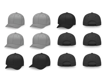 Twelve baseball caps are displayed two shades of gray frontfacing backfacing and a third black shade same views