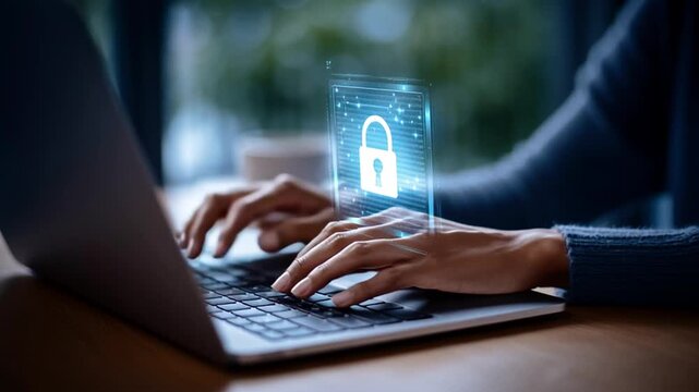 A person is using a laptop to work on a marketing project. A transparent digital lock symbol appears on the screen, emphasizing data security. The setting is a warm, cozy workspace. - Powered by Adobe