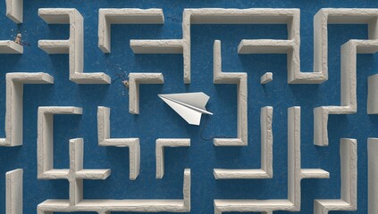 Surpassing challenges and finding business success. Navigating the path to victory with strategic exits. A paper airplane piercing through a labyrinth on a blue backdrop.