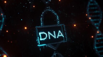 A 4K digital illustration shows a lock symbol overlaying a DNA double helix structure. The design emphasizes data security in genetic information and the importance of privacy. - Powered by Adobe