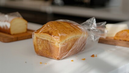 Newly baked loaf wrapped in plastic