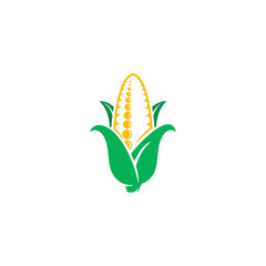 Illustration of a corn cob with green leaves, showcasing a stylized, vibrant design on a white background.
