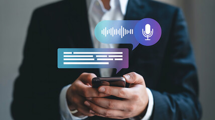 Man Using Voice Assistant on Smartphone for Texting and Communication in the Office