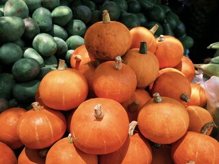 Orange pumpkins for sale at Kopeng Tourist Market, Magelang, Indonesia