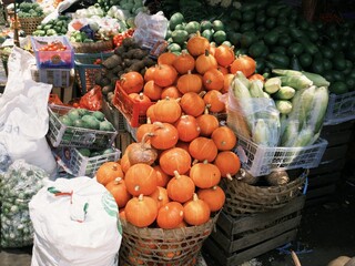 Pumpkins and vegetables for sale at Kopeng Tourist Market, Magelang, Indonesia